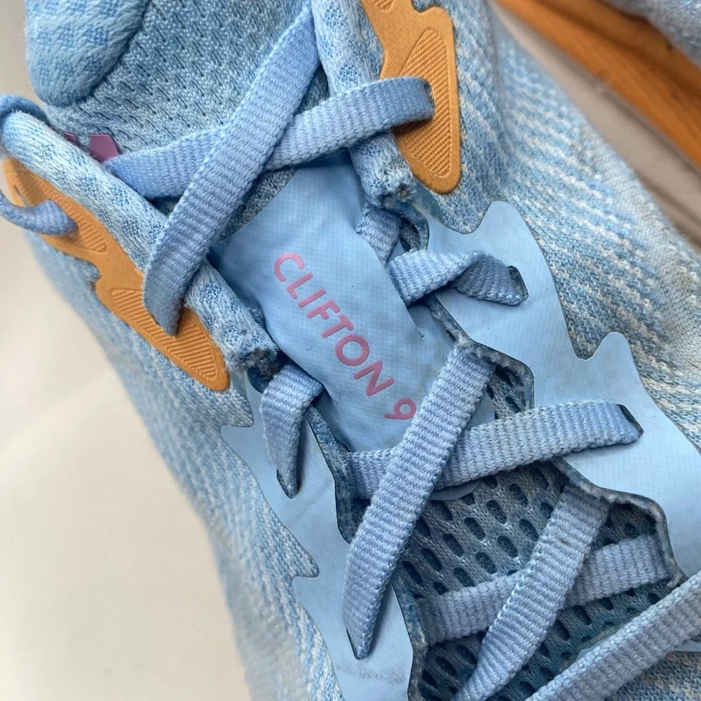 Hoka Clifton 9 Running Shoes Womens 9.5 Blue Orange Pink Mesh Athletic Sneakers